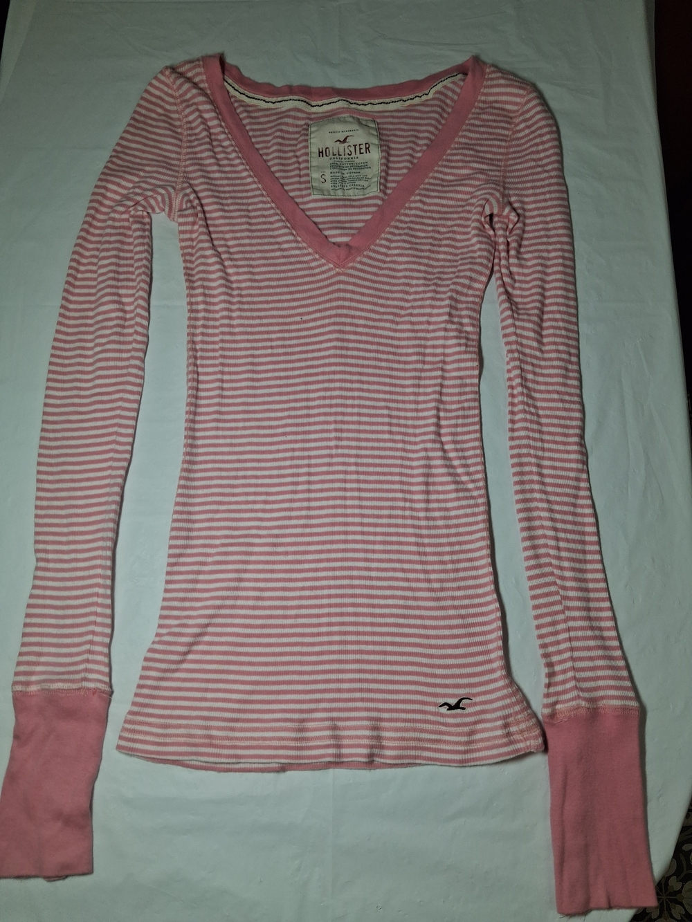 Vintage Y2K Hollister Pink and White Striped V-Neck Long Sleeve Top